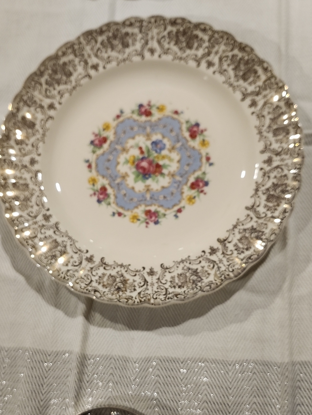 Vintage Floral Rim  6  Dinne Plates - Cream with Blue & Multicolor Floral LYRIC